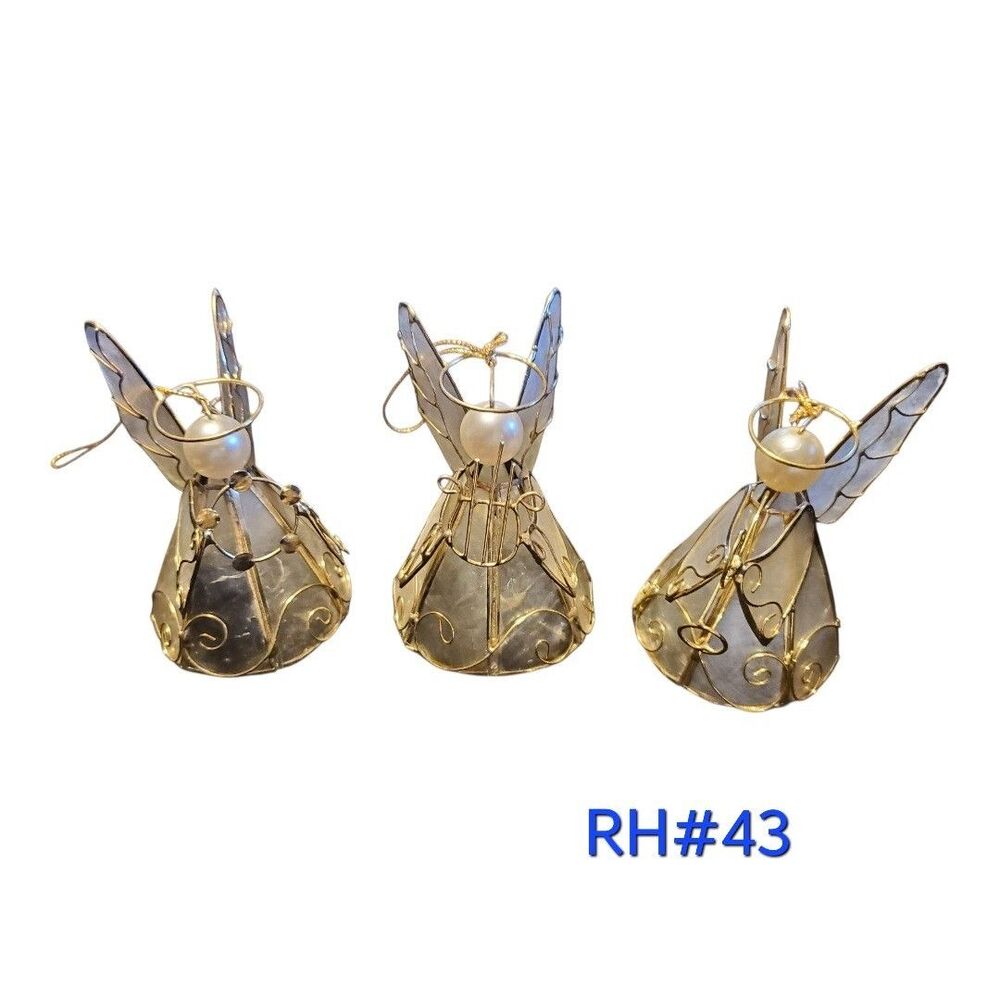 Vintage Capiz Shell Musician Angels Christmas Ornaments 3pc Set - RH#43